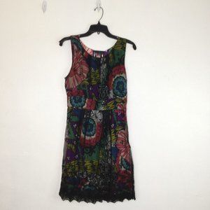 Desigual Dress Women Small/38 Black Floral Multicolor Lace Overlay Sleeveless